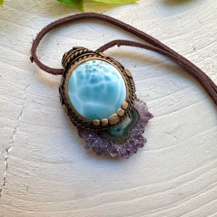 Larimar and Amethyst Stalactite Necklace, Unique Healing Crystal Jewelry - FairyGardenGlow