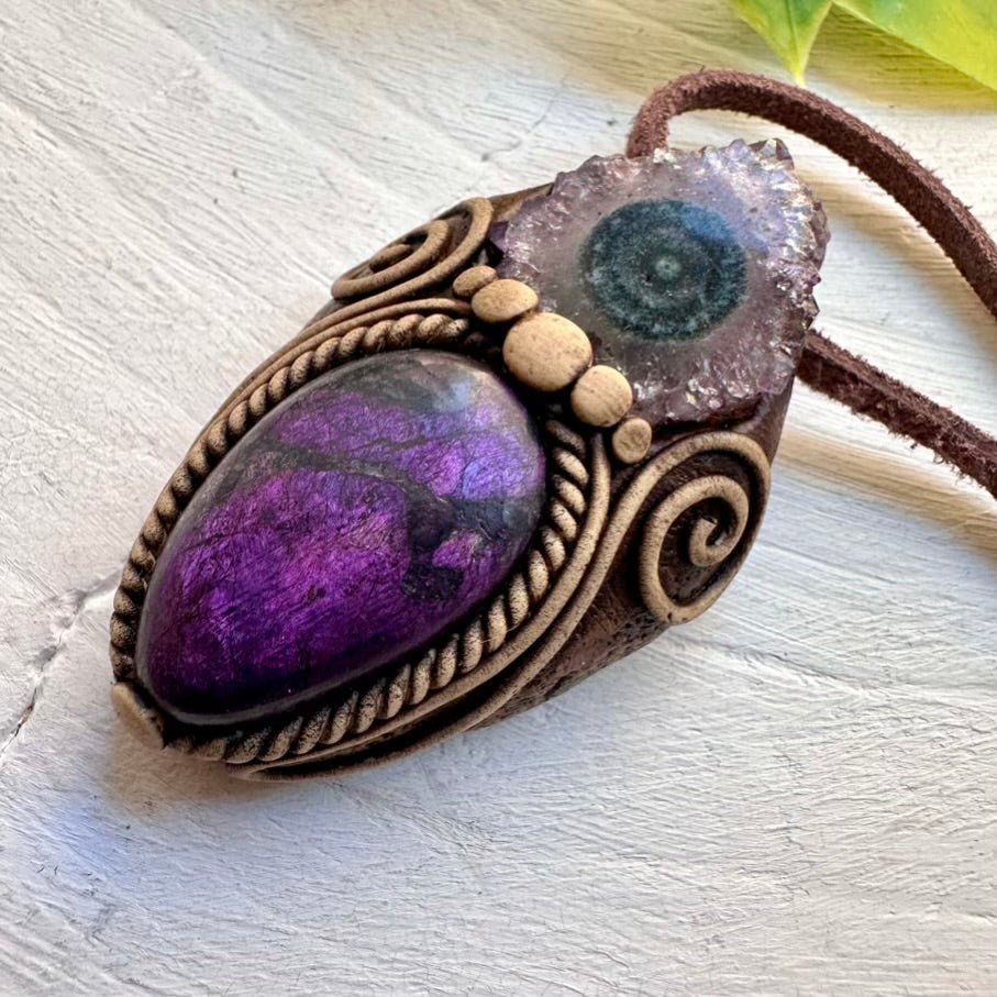 Purpurite and Amethyst Stalactite Pendant Necklace, Handmade Jewelry - FairyGardenGlow