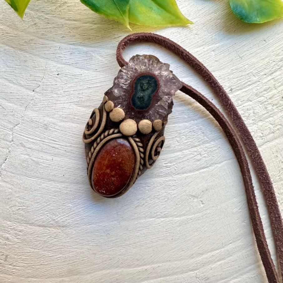 Sunstone and Amethyst Stalactite Pendant Necklace, Handmade Boho Jewelry - FairyGardenGlow