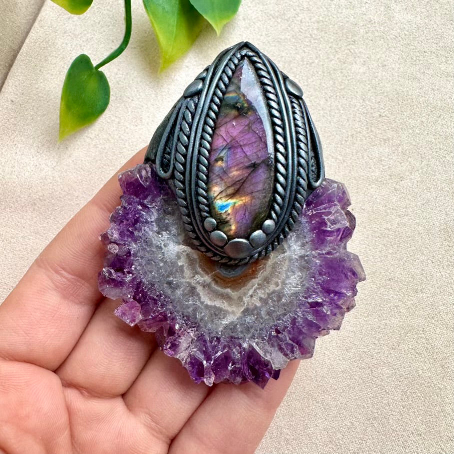 Handcrafted necklace with deep purple Amethyst Stalactite and Labradorite