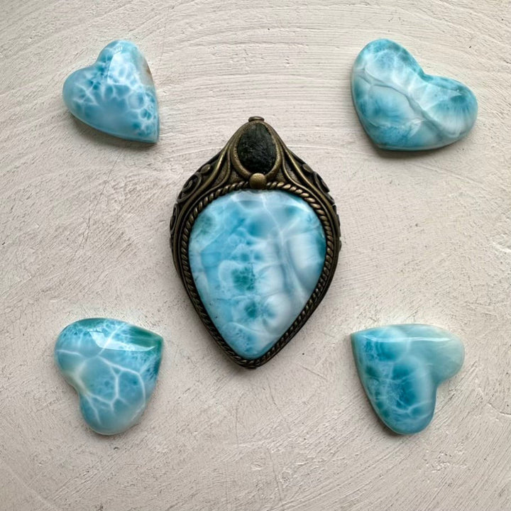Large Larimar and Moldavite Pendant Necklace, Healing Crystal Jewelry FairyGardenGlow
