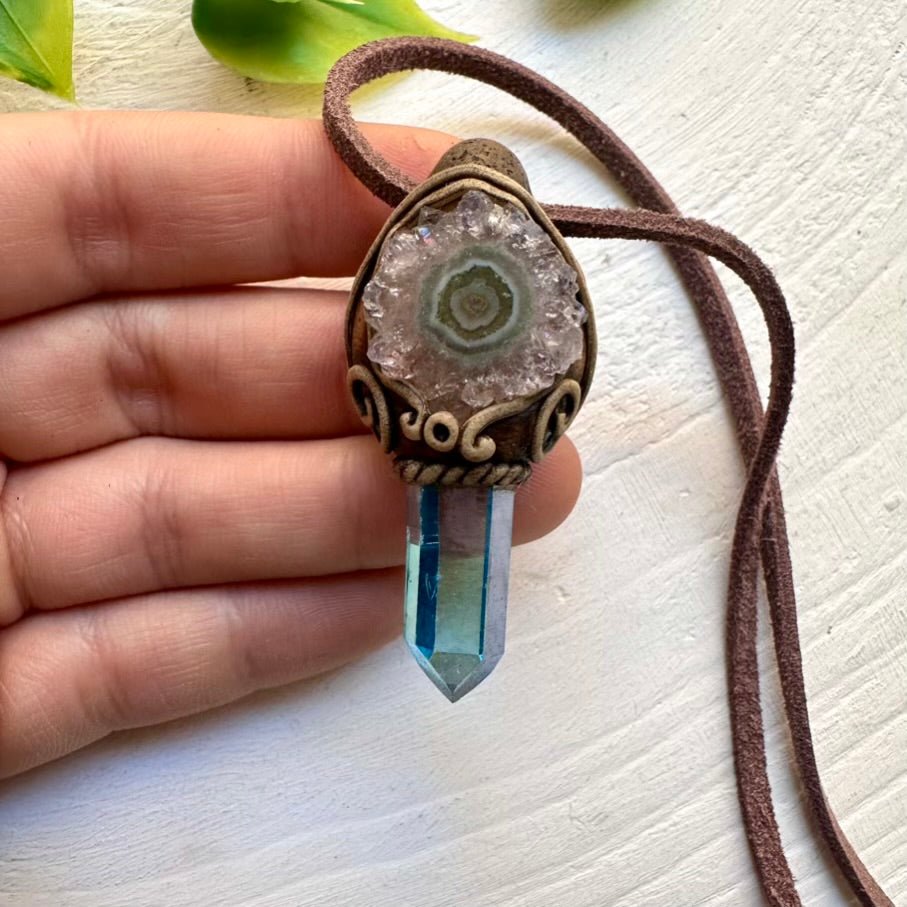 Aqua Aura Quartz and Amethyst Stalactite Necklace, Raw Stone Jewelry - FairyGardenGlow
