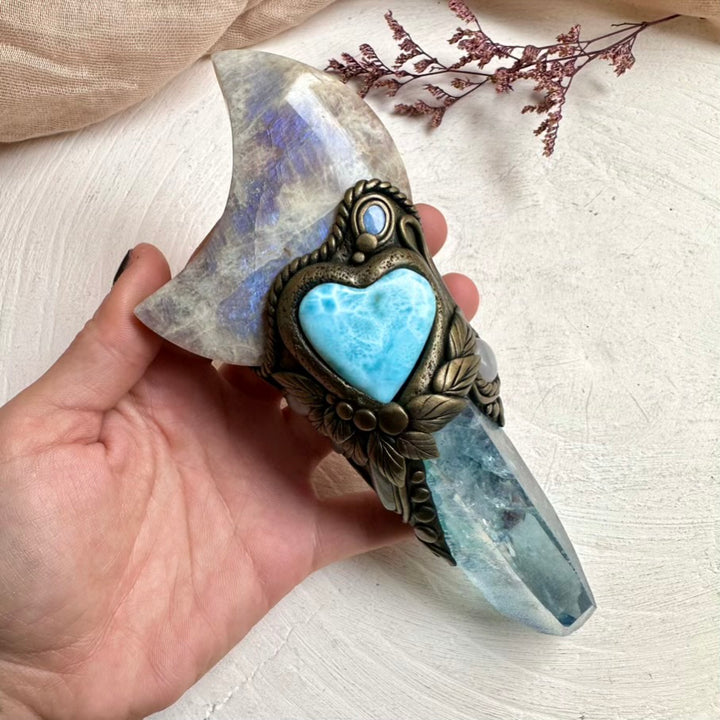 Handcrafted wand with Aqua Aura Quartz point and Rose Quartz