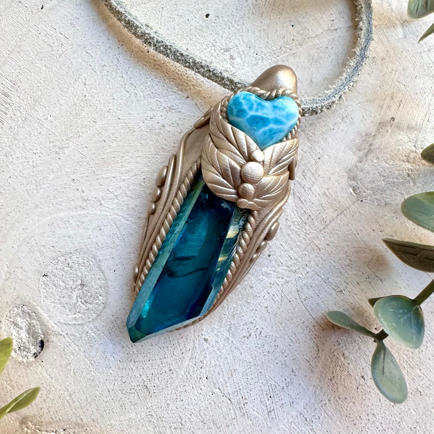 Handmade Aqua Aura Quartz & Larimar Necklace – Spiritual Healing Gemstone Pendant