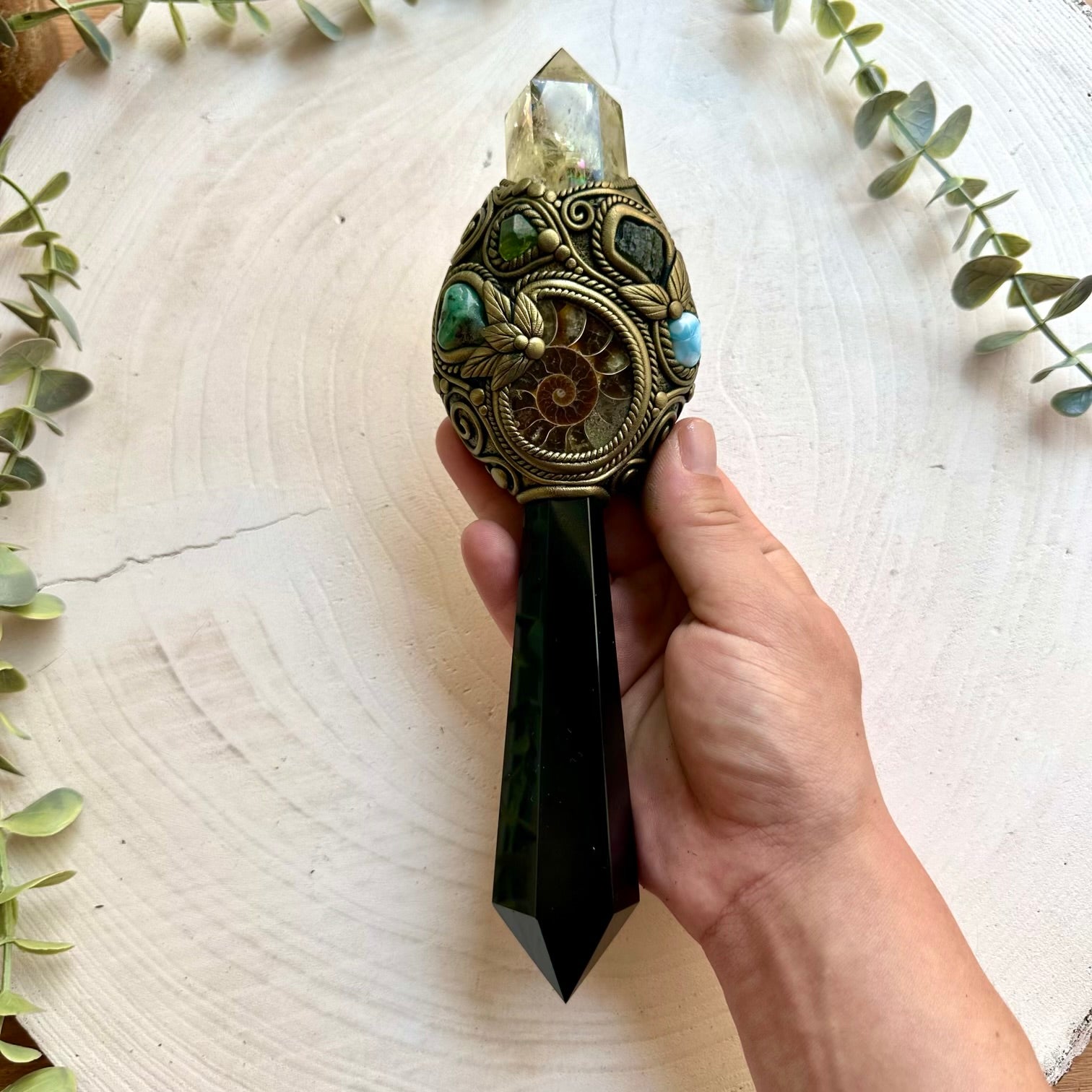 Black Obsidian crystal wand handcrafted with Citrine, Ammonite, Emerald, Peridot, Moldavite and Larimar.