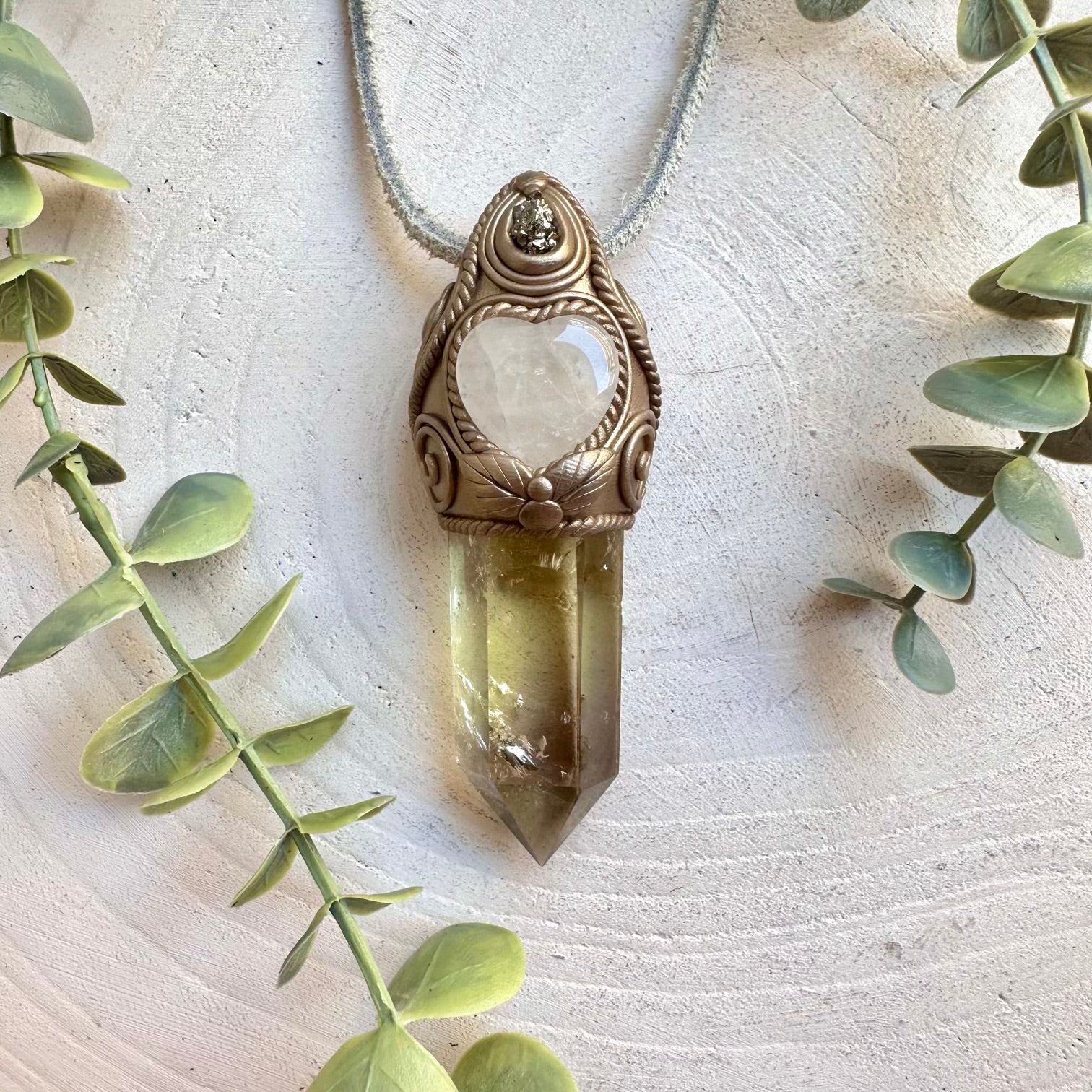 Handmade Citrine Point Pendant with Quartz Heart & Pyrite