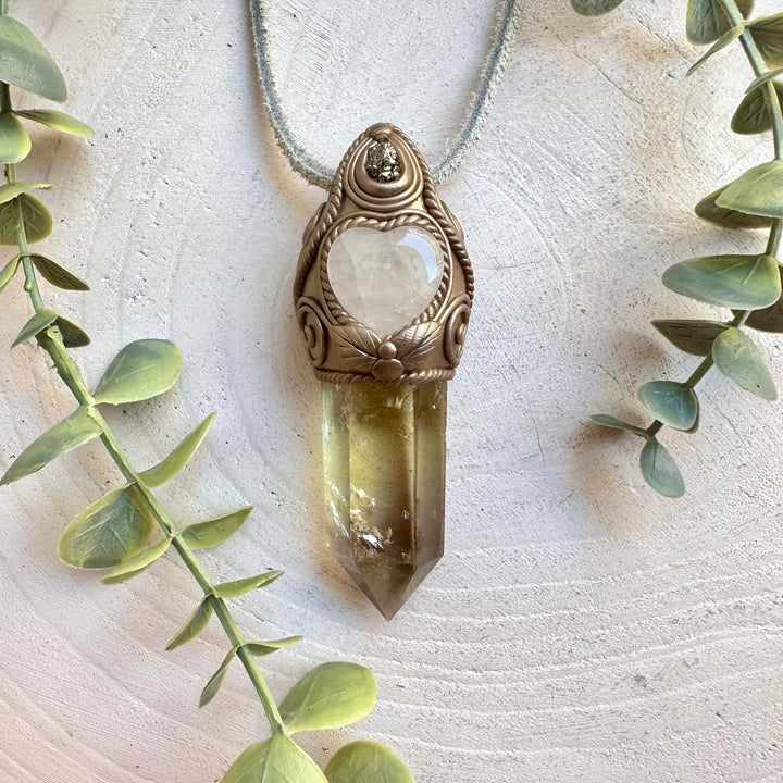 Handmade Citrine Point Pendant with Quartz Heart & Pyrite