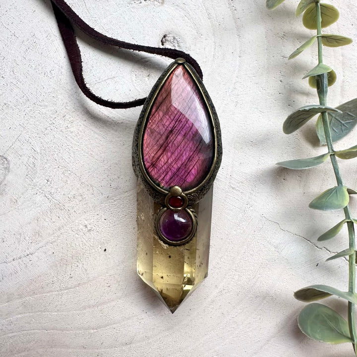 Handmade Citrine, Rhodolite Garnet & Pink Labradorite Wand Necklace – Spiritual Crystal Jewelry