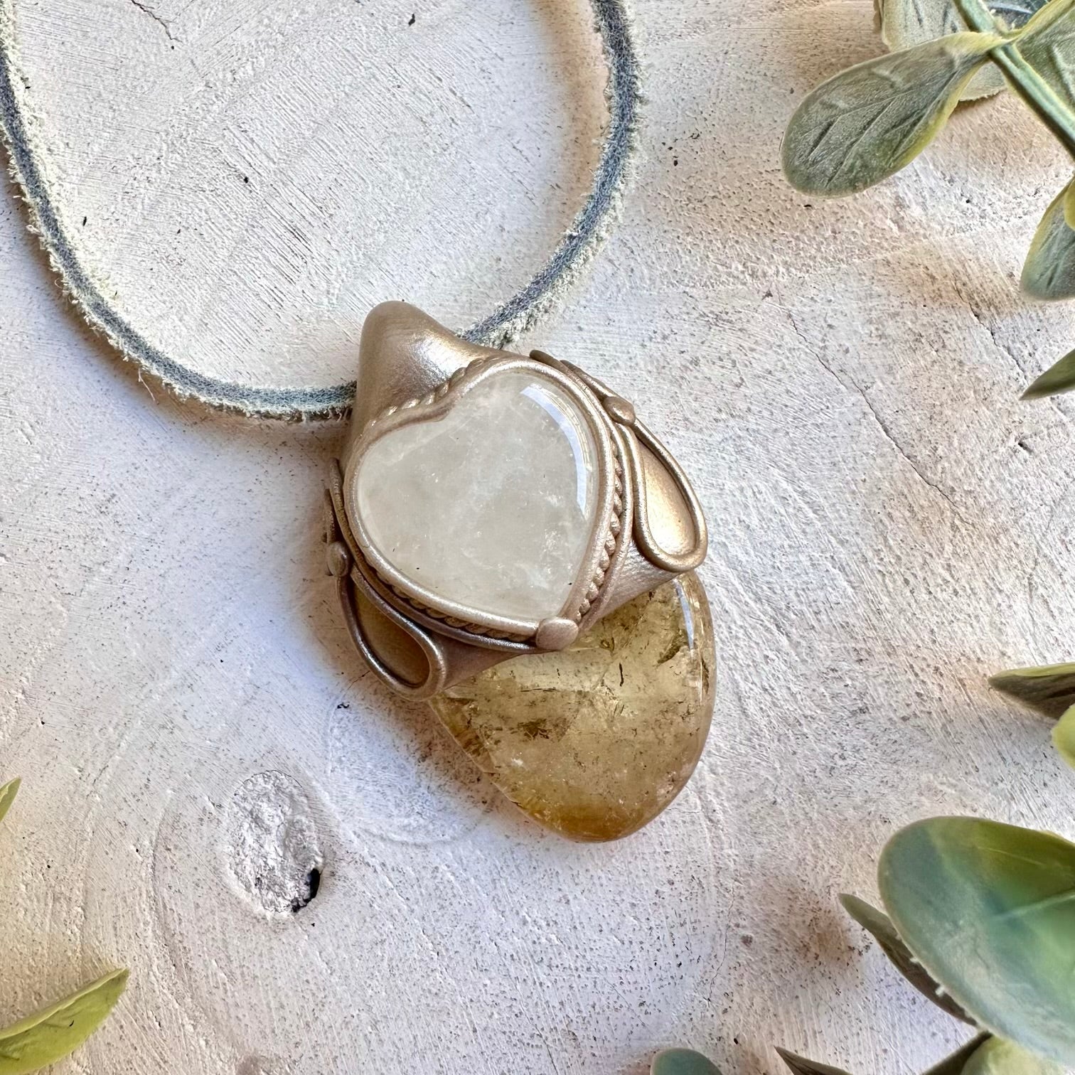 Handmade Clear Quartz Heart & Citrine Pendant Necklace – Spiritual Gemstone Jewelry