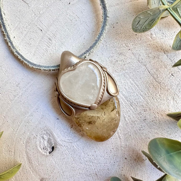 Handmade Clear Quartz Heart & Citrine Pendant Necklace – Spiritual Gemstone Jewelry