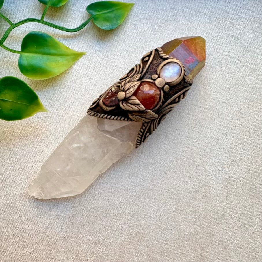 Raw Crystal Wand, Clear Quartz with Sunset Aura Quartz, Moonstone, Sunstone and Red Garnet - FairyGardenGlow