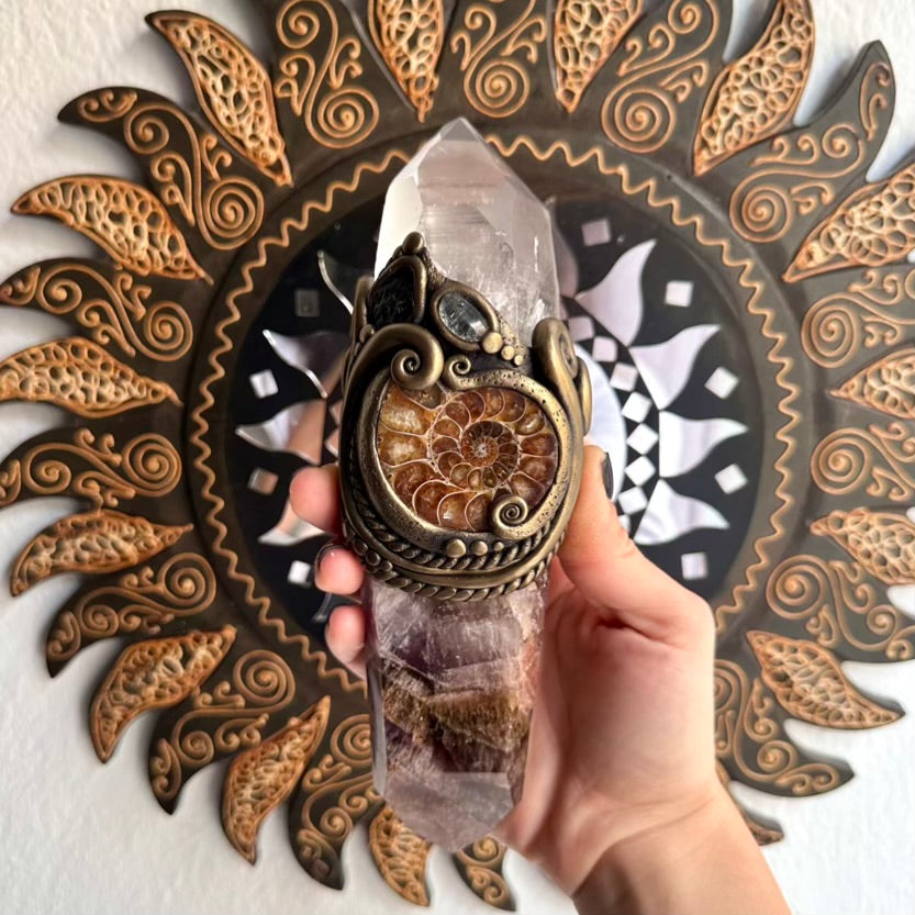 Handmade Crystal Wand with Super Seven Quartz, Lemurian Seed Quartz, Ammonite, Moldavite, and Clear Topaz, Unique Healing Energy Tool