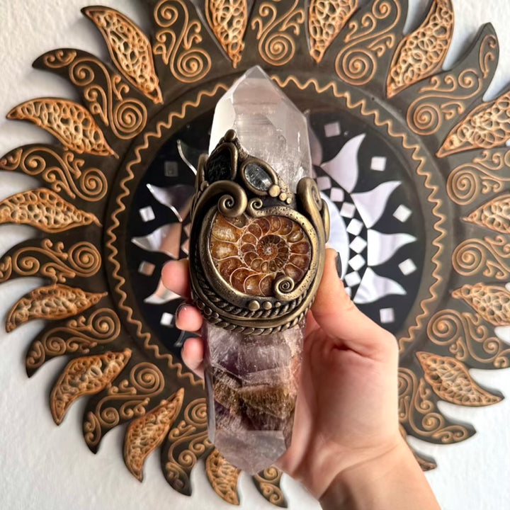 Handmade Crystal Wand with Super Seven Quartz, Lemurian Seed Quartz, Ammonite, Moldavite, and Clear Topaz, Unique Healing Energy Tool