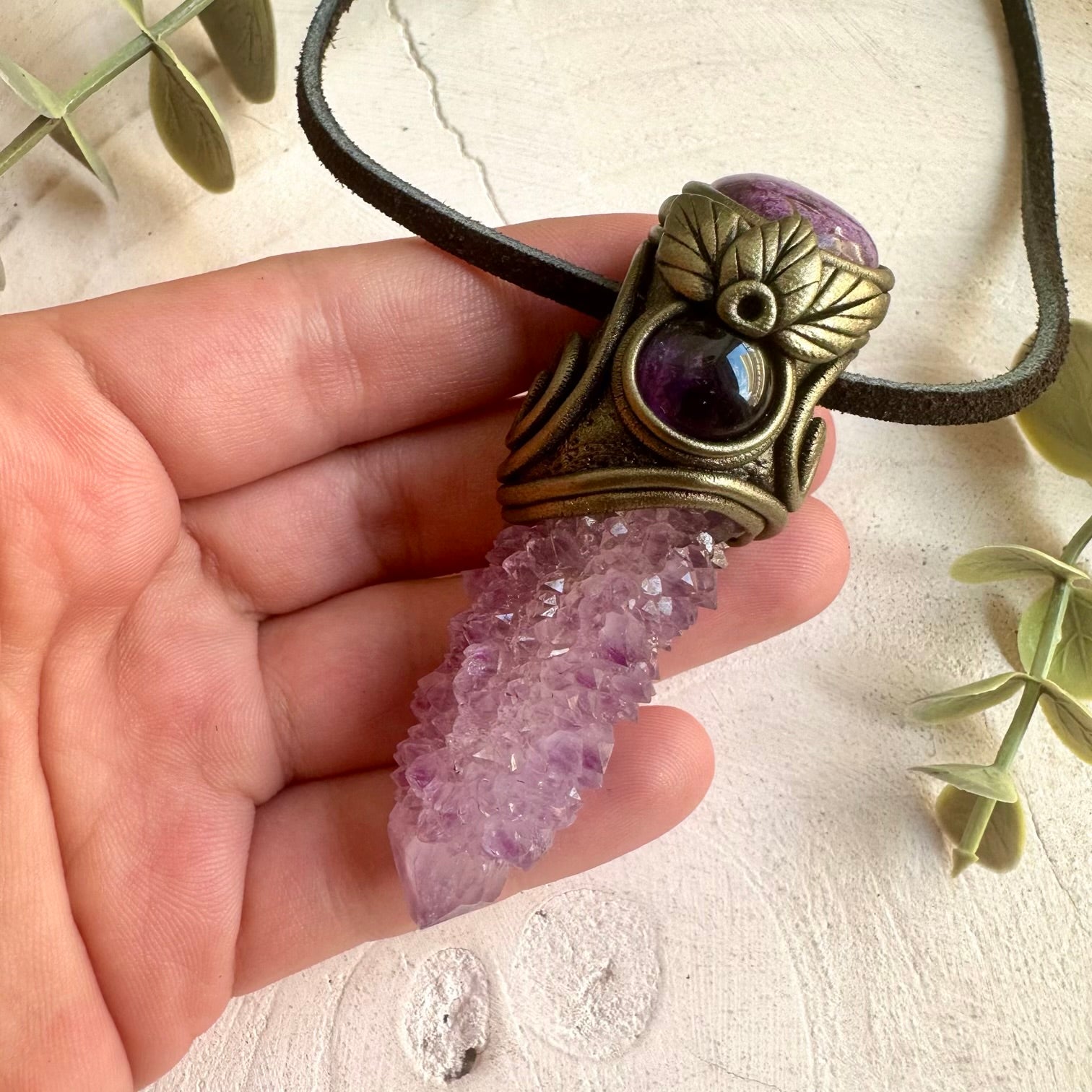 Handmade Deep Purple Spirit Quartz pendant necklace featuring Stichtite and Amethyst, a one of a kind crystal talisman designed for spiritual awakening, emotional healing, inner peace and higher consciousness. Artisan gemstone jewelry crafted with genuine natural crystals for meditation, energy work and everyday wear.