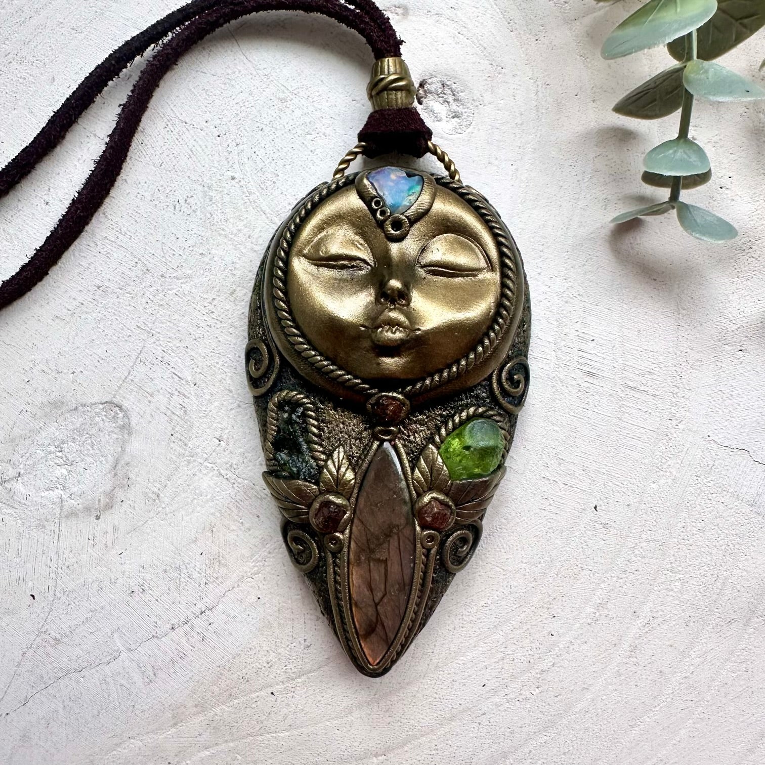 Handmade Goddess Amulet Necklace – Labradorite, Peridot & Ethiopian Opal Crystal Pendant