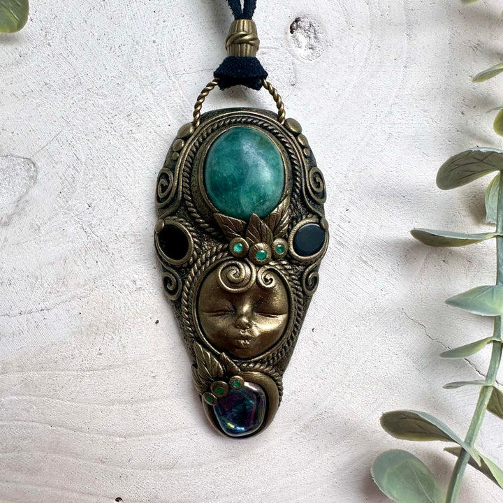 Handmade Goddess Crystal Necklace – Fluorite, Emerald, Onyx & Aura Quartz Pendant Jewelry