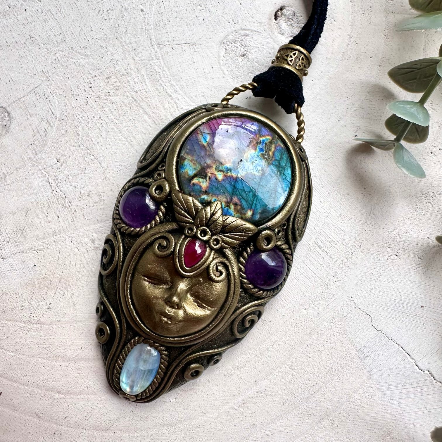 Handmade Goddess Crystal Necklace – Labradorite, Moonstone, Amethyst & Rhodolite Garnet Pendant