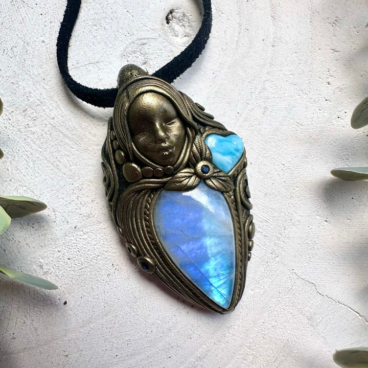 Handmade Goddess Crystal Necklace – Larimar Heart, Moonstone & Sapphire Pendant