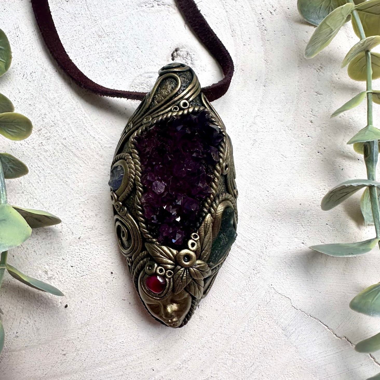 Handmade Goddess Crystal Necklace – Moldavite, Amethyst & Tanzanite Pendant Jewelry