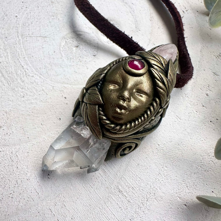 Handmade Goddess Crystal Necklace – Morganite, Quartz & Garnet Divine Feminine Pendant