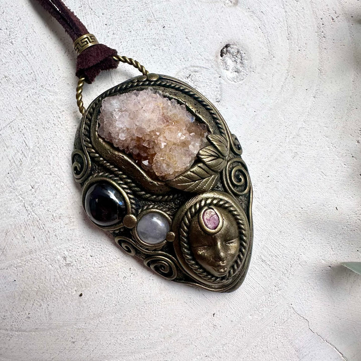Handmade Goddess Crystal Necklace – Rose Quartz, Spirit Quartz & Ruby Pendant Jewelry