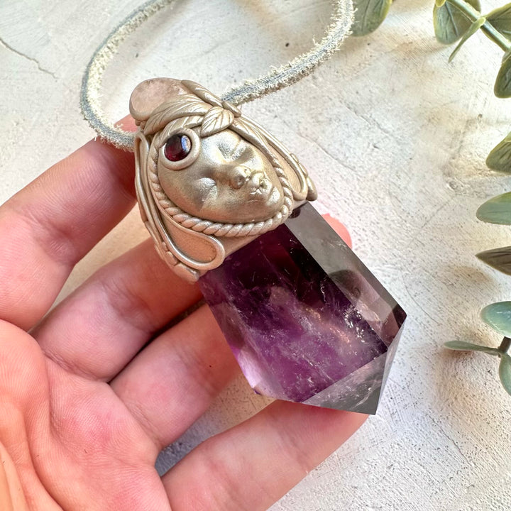 Handmade Goddess Crystal Wand Pendant – Amethyst, Morganite & Garnet Necklace