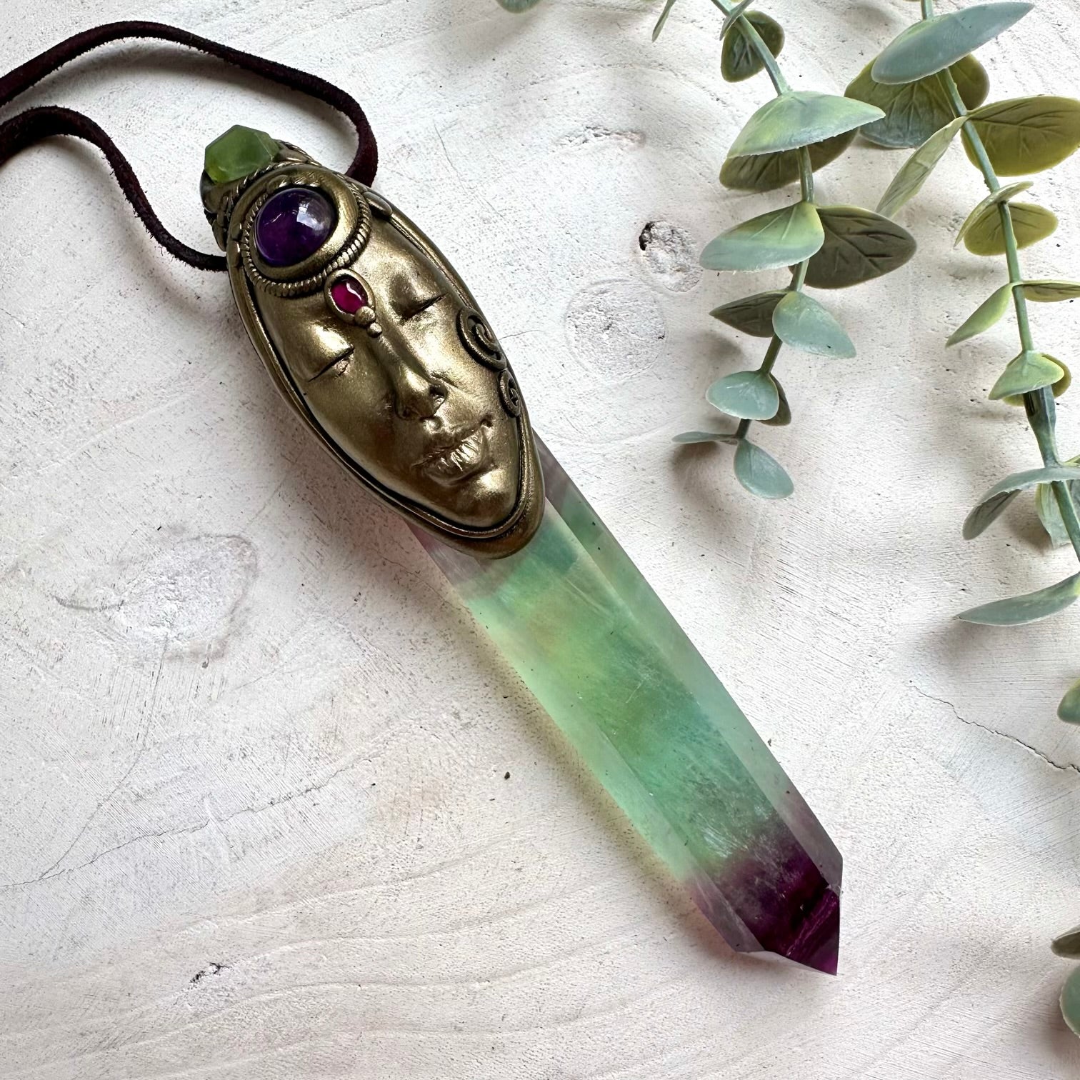 Handmade Goddess Crystal Wand  Rainbow Fluorite, Peridot & Rhodolite Garnet