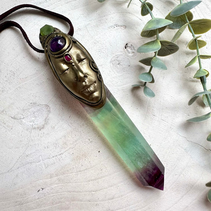Handmade Goddess Crystal Wand  Rainbow Fluorite, Peridot & Rhodolite Garnet