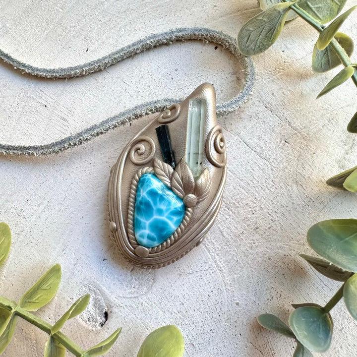 Handmade Larimar Crystal Necklace with Aquamarine & Blue Tourmaline – Calm Energy Jewelry