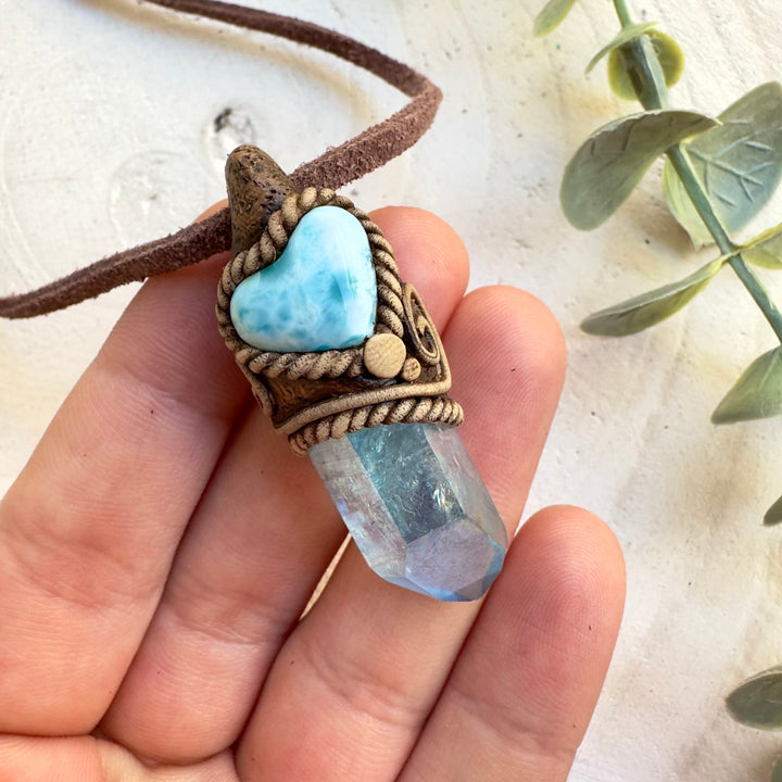 Handmade Larimar crystal jewelry with Aqua Aura Quartz
