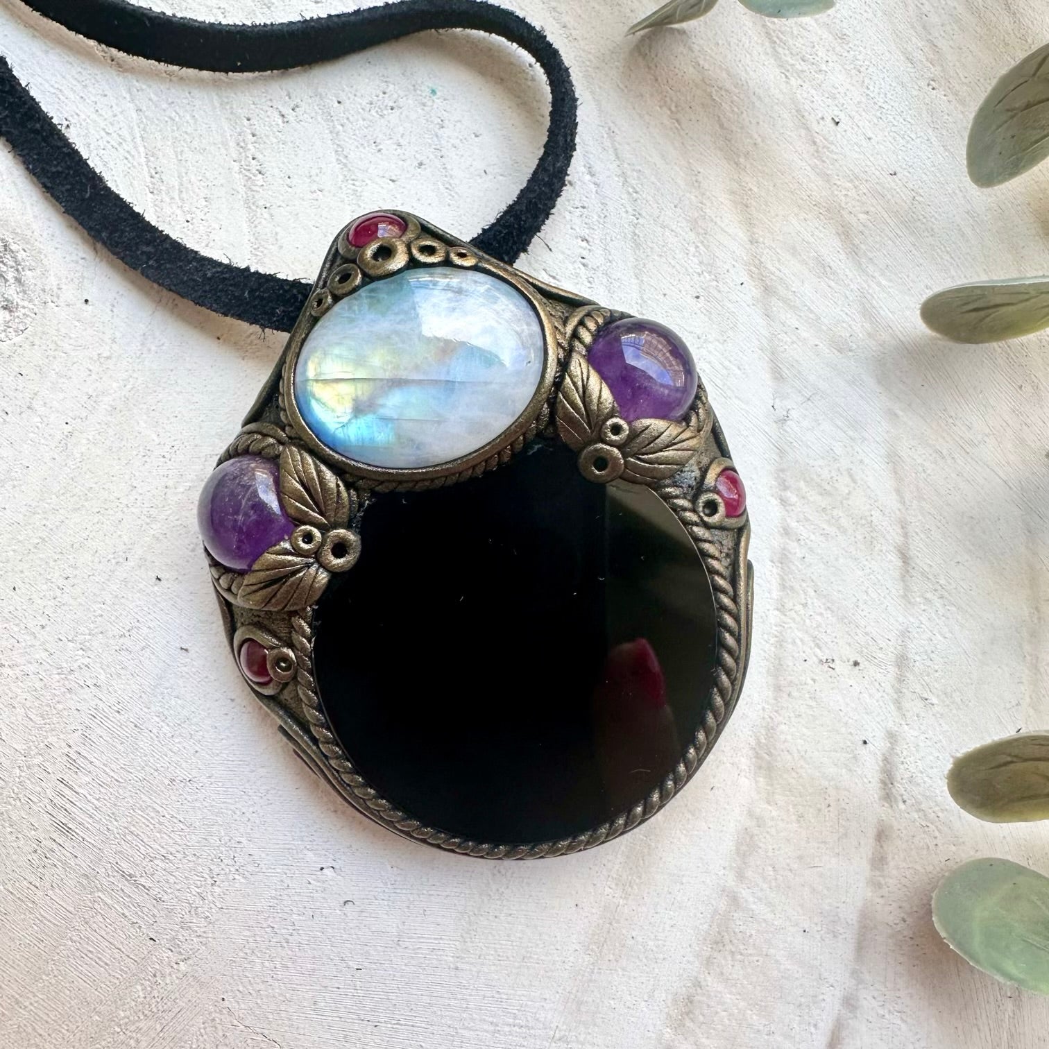 Handmade Obsidian Mirror Necklace with Rainbow Moonstone – Intuition & Protection Amulet Jewelry