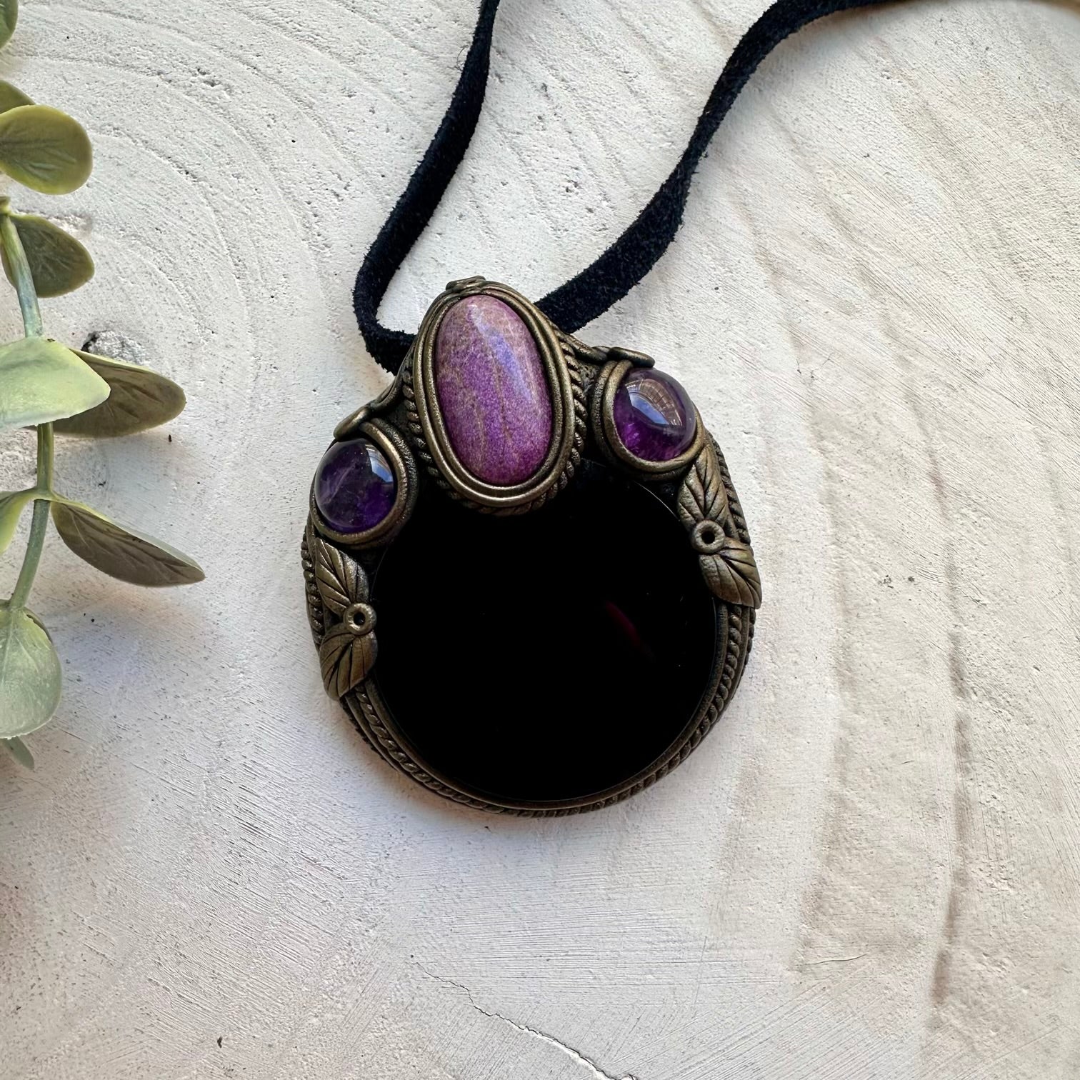 Handmade Obsidian Mirror Necklace with Stichtite & Amethyst – Witchy Crystal Pendant