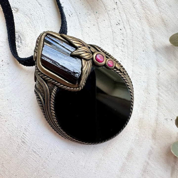 Handmade Obsidian Mirror Necklace with Tourmaline & Garnet – Shadow Work Protection Amulet
