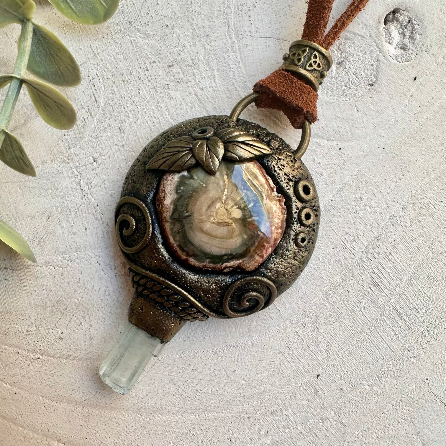Handmade Petrified Wood Necklace with Aquamarine – Metaphysical Crystal Jewelry, Earth & Ocean Energy