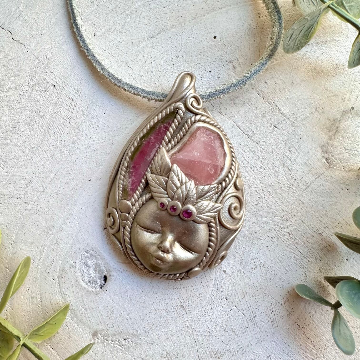 Handmade Raw Rose Quartz Goddess Necklace with Ruby & Tourmaline – Heart Chakra Jewelry