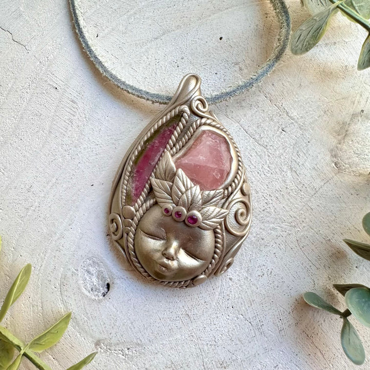 Handmade Raw Rose Quartz Goddess Necklace with Ruby & Tourmaline – Heart Chakra Jewelry