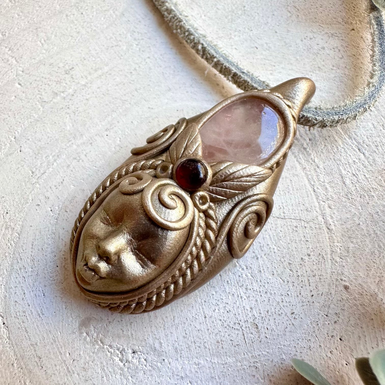 Handmade Rose Quartz & Garnet Goddess Crystal Necklace – Divine Feminine Pendant