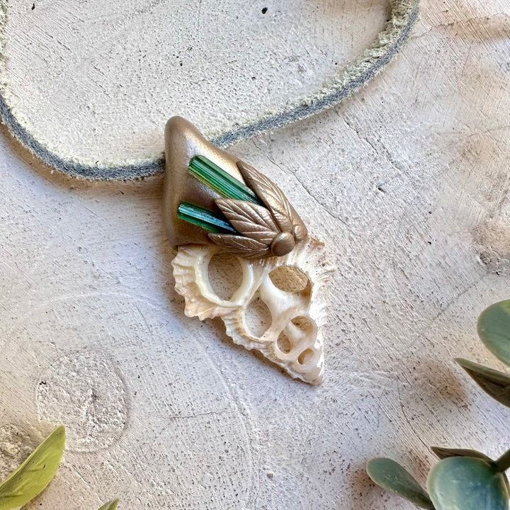 Handmade Seashell Slice & Green Tourmaline Pendant Necklace – Natural Gemstone Jewelry