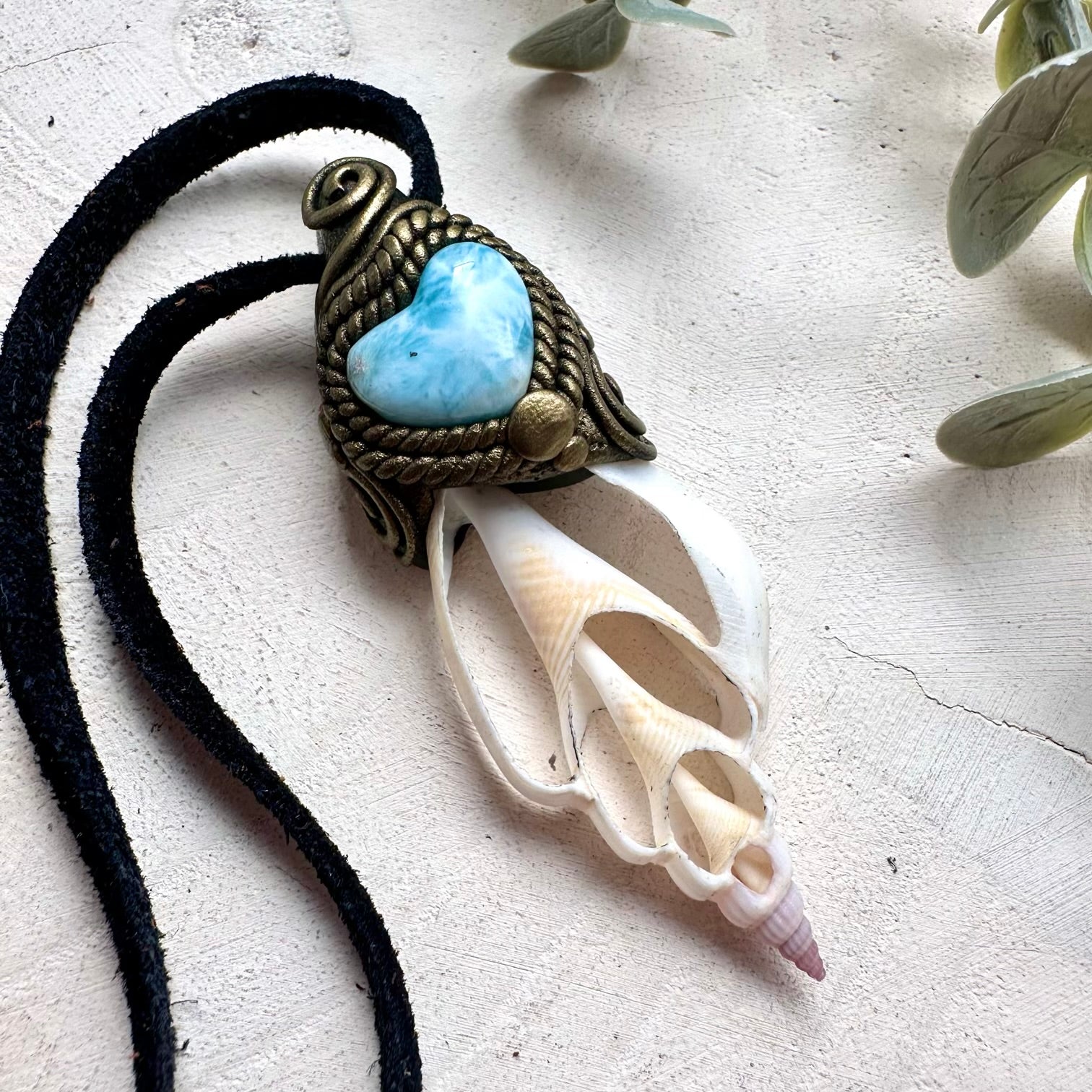 Handmade Seashell Slice Necklace with Larimar Heart – Spiritual Gemstone Jewelry