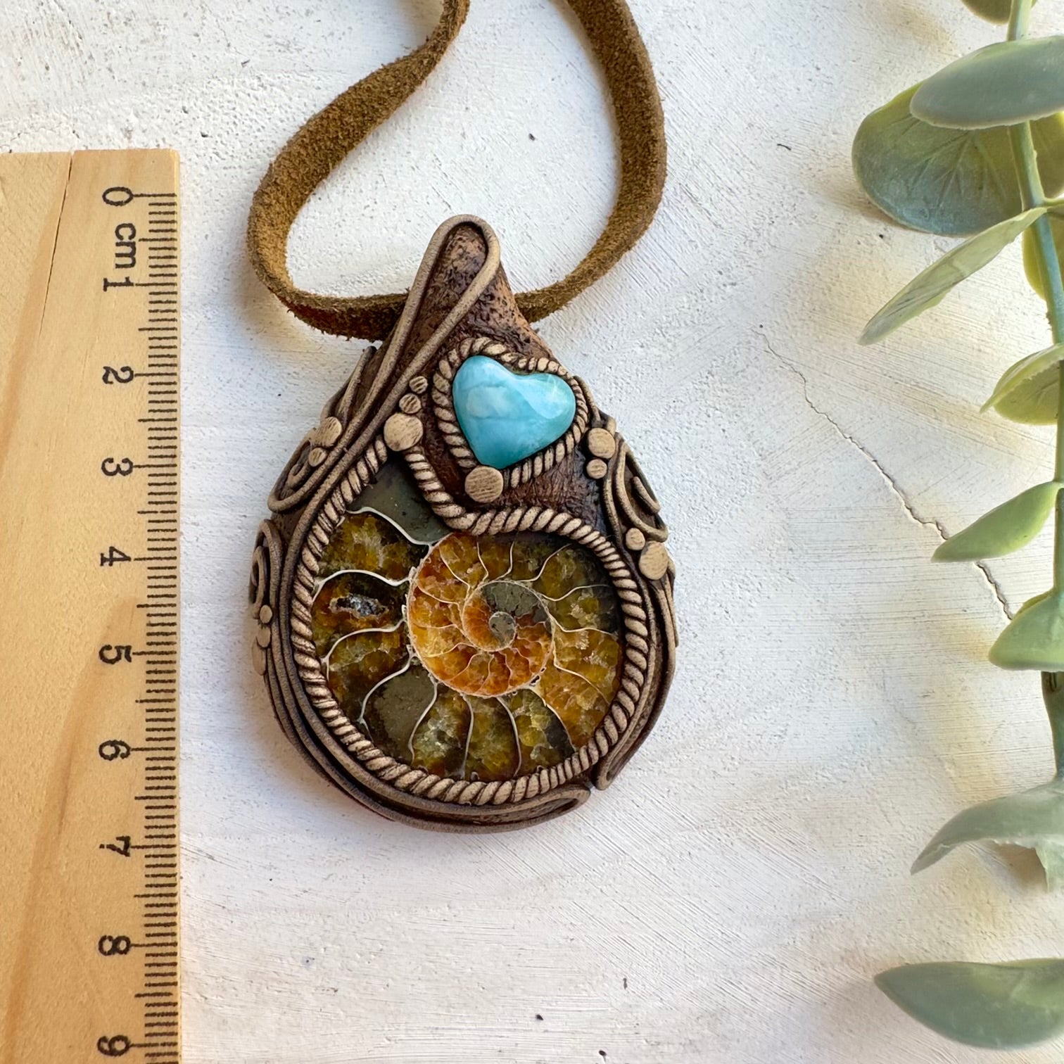 Handmade boho crystal necklace with ammonite and Larimar