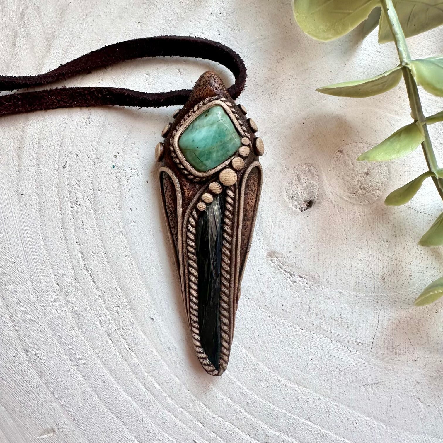Handmade clay crystal necklace featuring Vivianite and Emerald