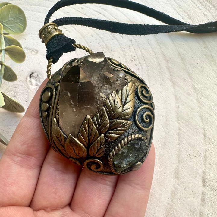Handmade crystal necklace with Smoky Quartz cluster and Moldavite
