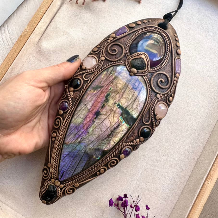 Handmade crystal wall art with Moldavite, Fluorite and Rose Quartz