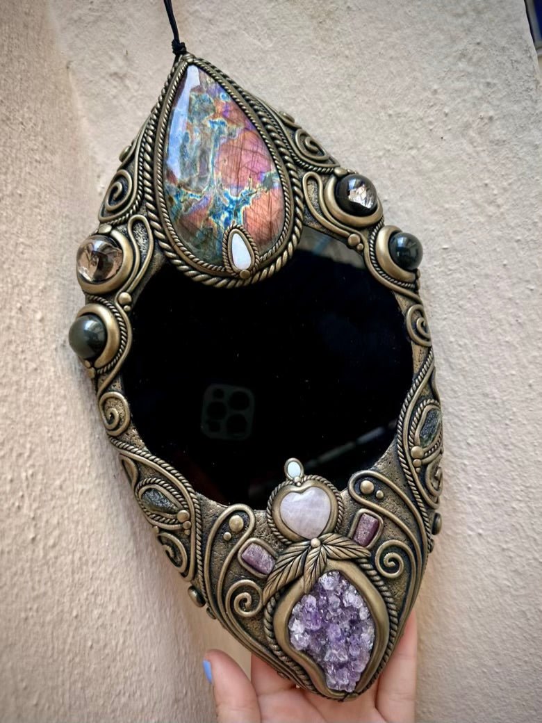 Crystal Wall Hanging - Handmade Unique Crystal Home Decor Art, with Black Obsidian Mirror, Large Purple Labradorite, Rainbow Obsidian, Smoky Quartz, Amethyst Cluster, Rose Quartz Heart, Moldavite, Ruby and Australian Opal - FairyGardenGlow