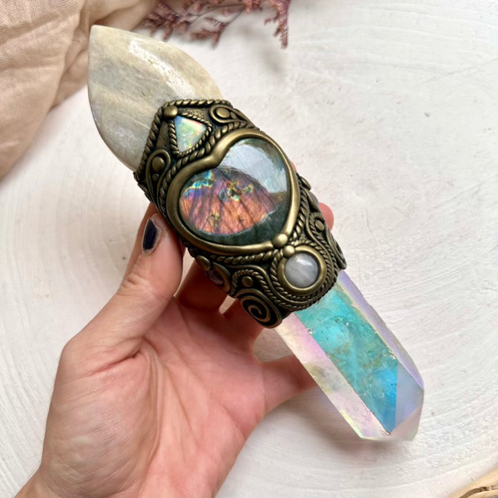 Handmade crystal wand featuring Angel Aura Quartz, Moonstone and Australian Opal