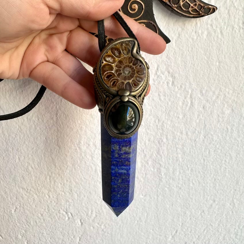 Handmade crystal wand with Lapis Lazuli, Ammonite fossil and Rainbow Obsidian
