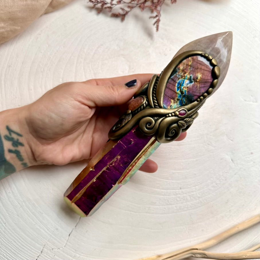 Handmade energy wand with Sunset Aura Quartz and healing stones