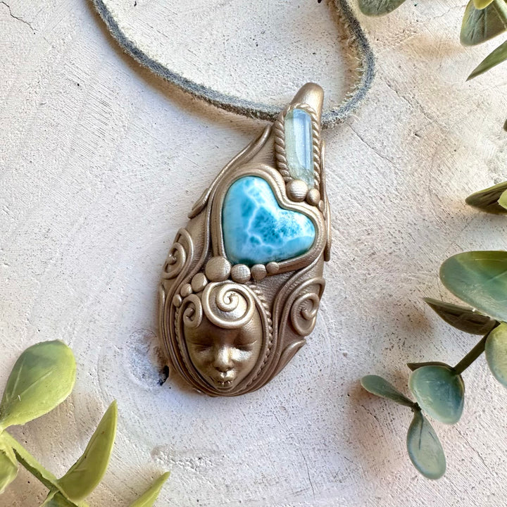 Handmade Goddess Crystal Necklace – Larimar Heart with Aquamarine, Fantasy Jewelry Crystal Talisman