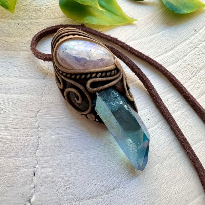 Rainbow Moonstone and Aqua Aura Quartz Necklace, Healing Crystal Jewelry - FairyGardenGlow