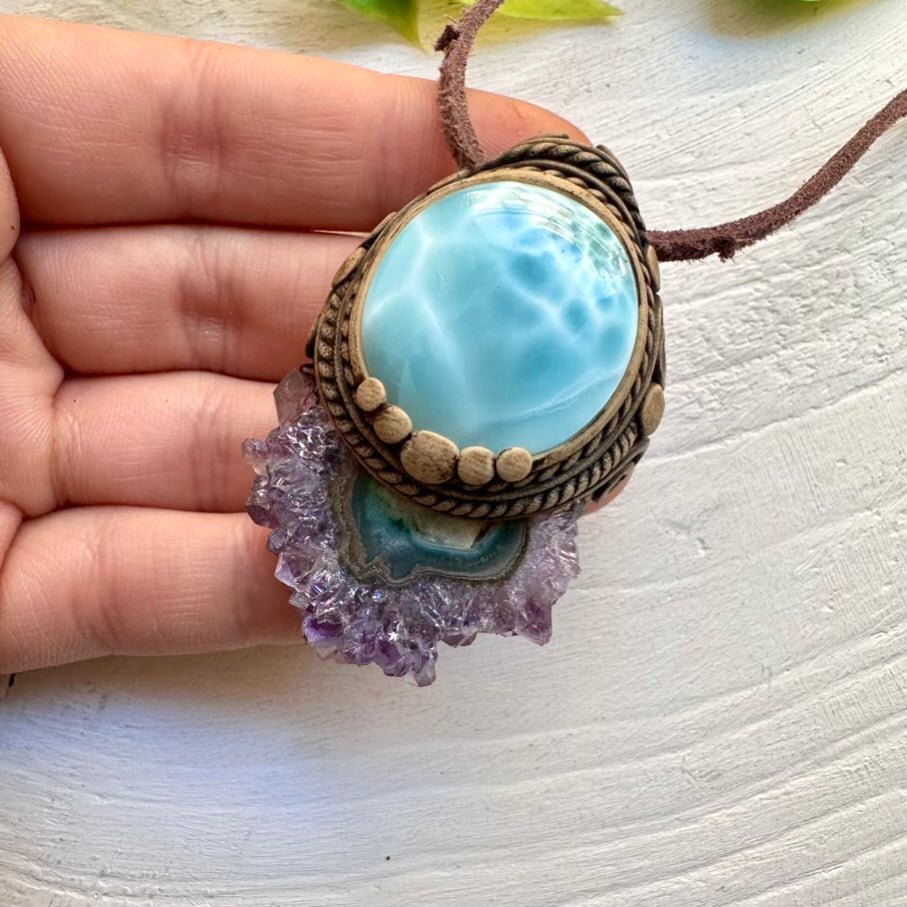 Larimar and Amethyst Stalactite Necklace, Unique Healing Crystal Jewelry - FairyGardenGlow